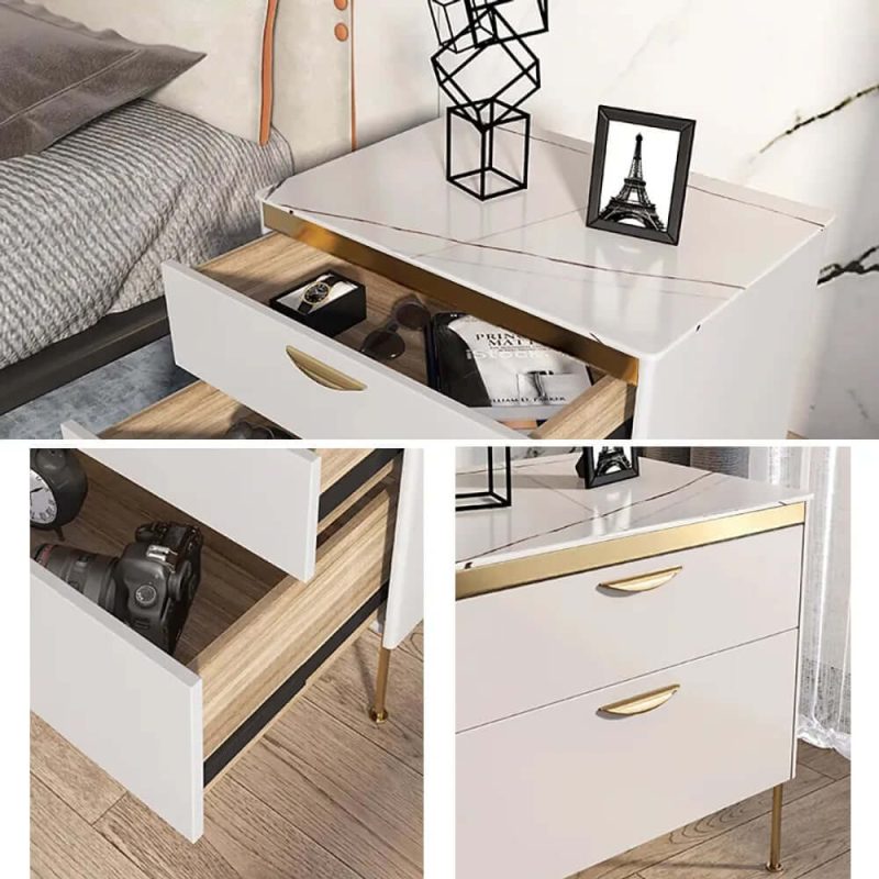 "Modern White Nightstand Luxury Stone Top 2-Drawer Lacquered Bedside Table"