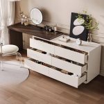 "Particle Board Wood Off-White Large Art Deco Makeup Vanity, Makeup Vanity (47") & Dresser (47")"