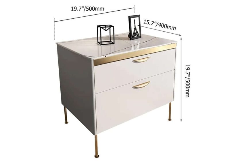 "Dimension of Modern White Nightstand Luxury Stone Top 2-Drawer Lacquered Bedside Table"