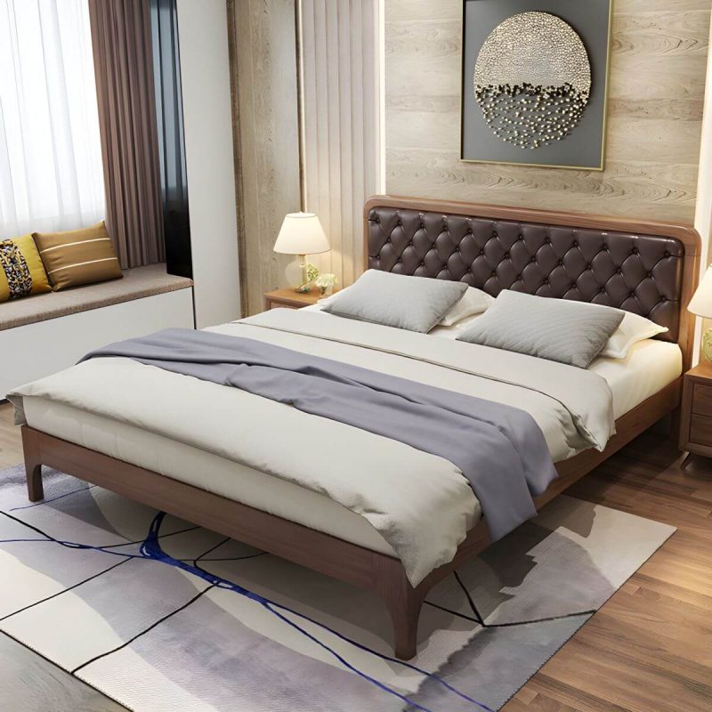 "Mid-Century Modern Upholstered Panel Bed in Genuine Leather with Tufted Headboard - Brown 71"W x 79"L"