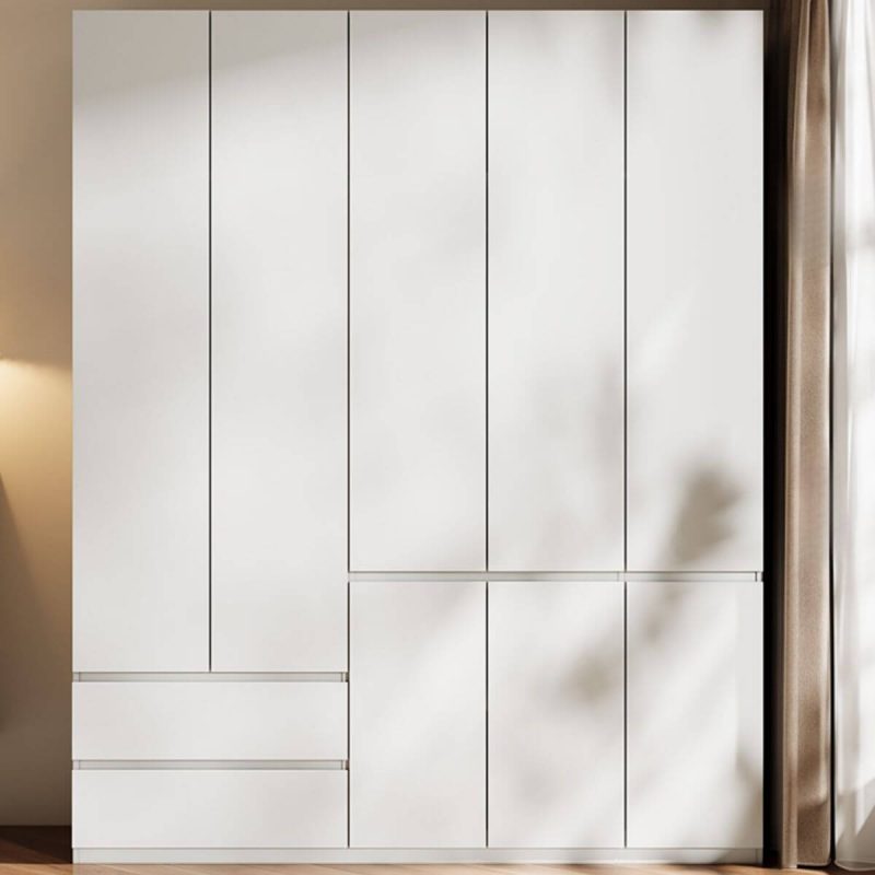 "Sleek Unfixed White Wood Wardrobe Closet with Hinged Doors, Soft Close Drawers, and Interior Shelves, 118"L x 24"W x 79"H"