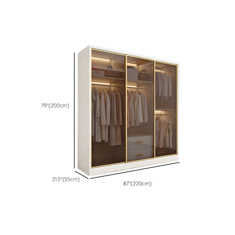 "Dimension of Modern White Wood Frame Wardrobe Freestanding Wardrobe with Sliding Glass Doors - Armoire 87"L x 22"W x 79"H"