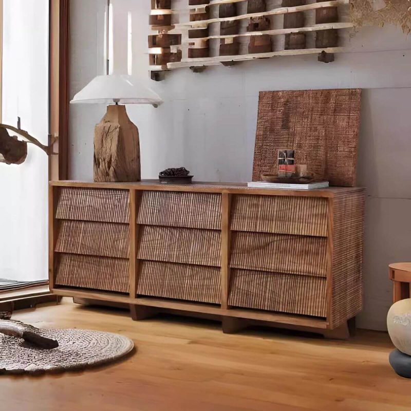 "Rustic Natural Wood Console Dresser with Wood Scoring, 9 Drawers, Horizontal Orientation, Nut-Brown, 47"L x 17"W x 29"H"
