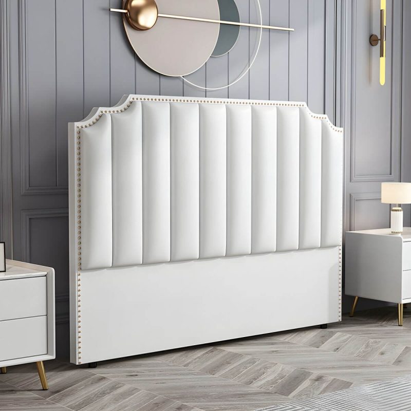 "Wooden Wingback Headboard with Legs Upholstered Sponge Standard Height in Portman Shape - White 150 cm"