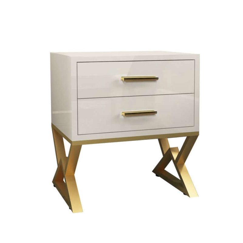 "Nordic White Nightstand 2-Drawer Bedside Table Gold Finish"
