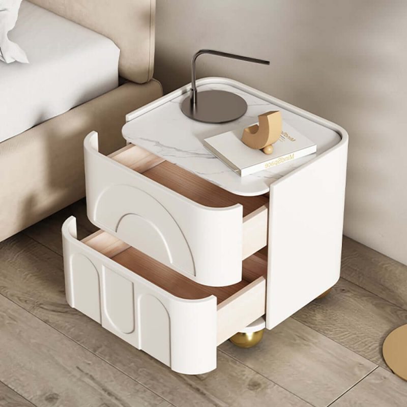 "Modern White Smart Nightstand with Wireless Charger & Sintered Stone Top Bedside Table"