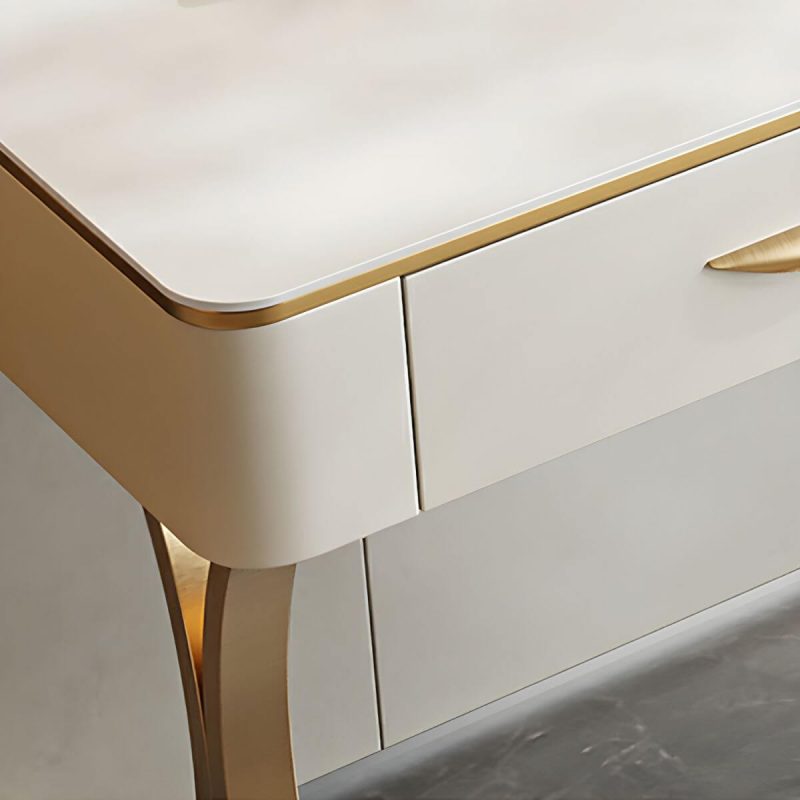 "White Slate Tabletop Rectangular Dressing Table with Golden Metal Legs - Makeup Vanity & Stools 90 x 45 x 75 cm"