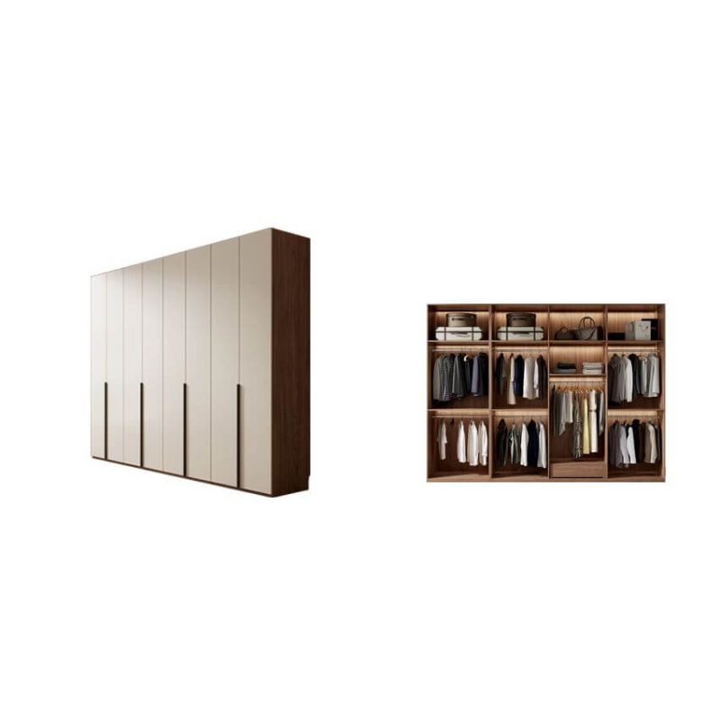 "Casual Auburn Wood Wardrobe Closet with Compartments, Interior Shelves, and Hanging Rod, 126"L x 24"W x 94"H"