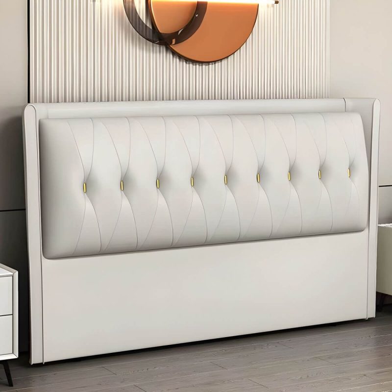 "Contemporary Headboard Bed with Tufted Leather Upholstery in Rectangular - Off-White 59""
