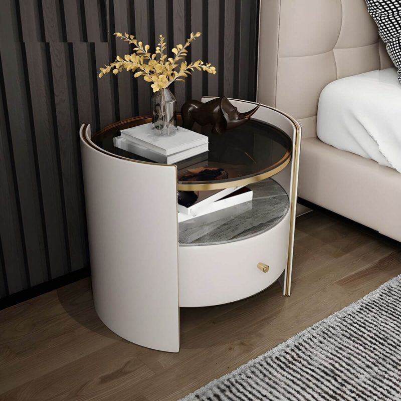 "1-Drawer Glass Top Nightstand, 19.69" Tall 1-Shelf Leather Night Stand - Gray Off-White"