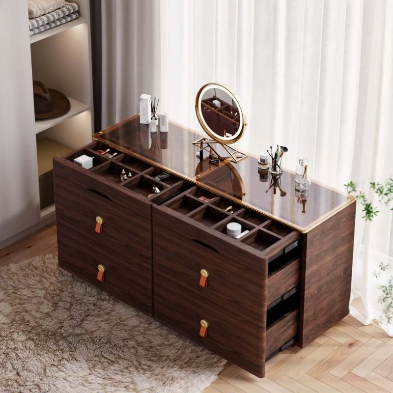 "Chanor 47" Glass Top Walnut 6-Drawer Dresser"