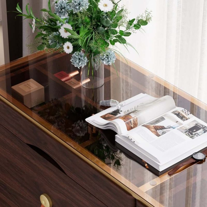 "Chanor 47" Glass Top Walnut 6-Drawer Dresser"