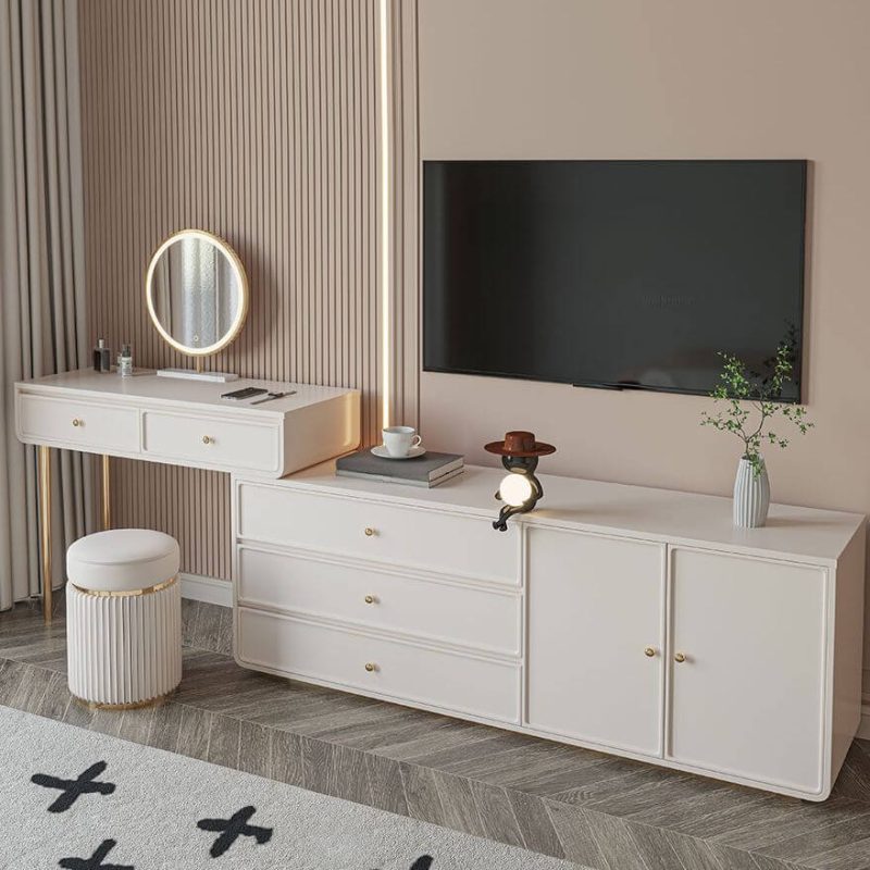 "Art Deco Gold L-Shape Vanity with Sliding Door, Scalable 2-in-1 Design, and Tabletop Storage, Makeup Vanity (47") & Dresser (55")"