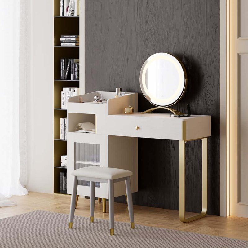 "Modern White Retractable Makeup Vanity Set with Side Cabinet Dressing Table with Light"
