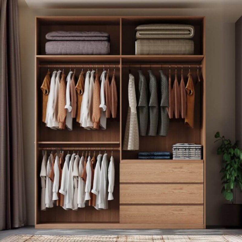 "Casual Auburn Natural Wood Wardrobe Closet with 6 Drawers, Interior Shelves, and Hanging Rod, 71"L x 24"W x 94"H"