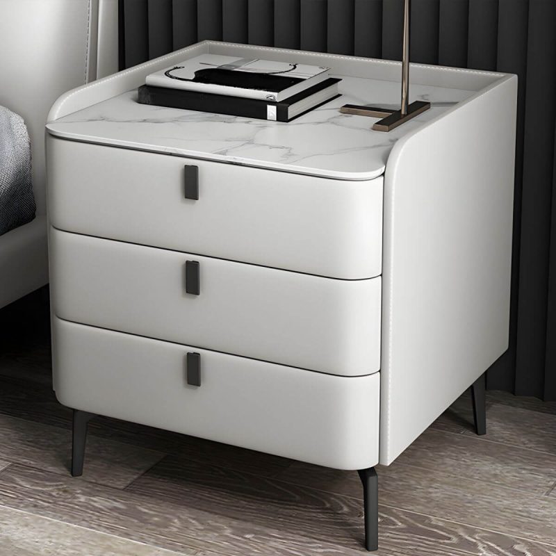 "Wooden Nightstand with 3 Drawers Contemporary 25" Tall Nightstand - Off-White Black"