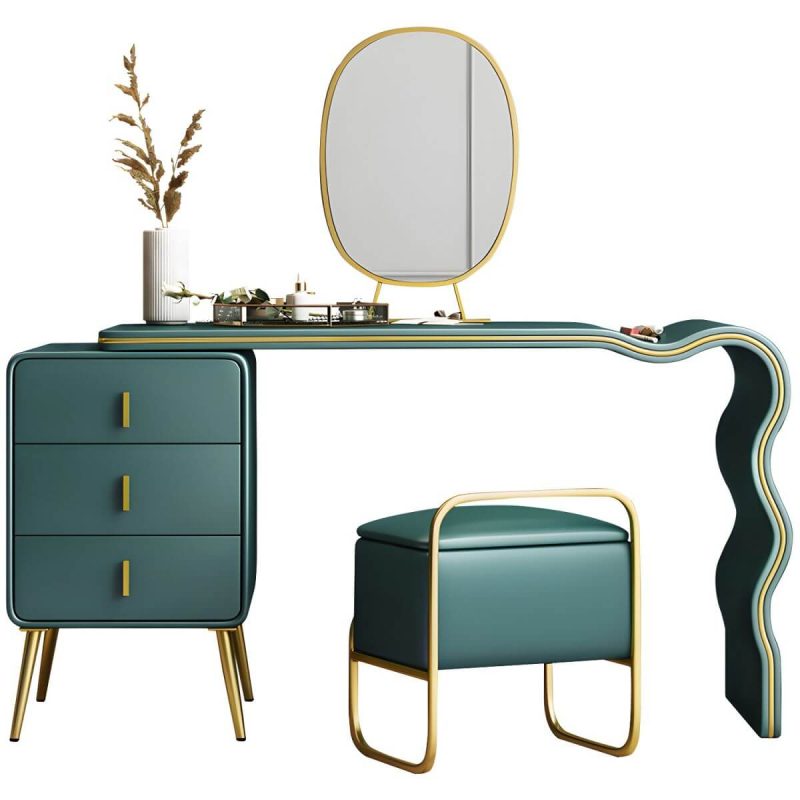 "3 Drawers Make-up Vanity Set, 28.74" H Leather Vanity with Stool & Mirror - Makeup Vanity & Stools Green/ Gold 80 x 48 x 73 cm"