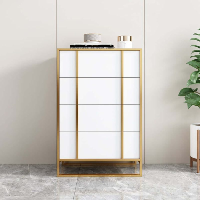 "Rimh Modern White & Gold Wooden Chest of 4 Drawers with Stainless Steel Legs"