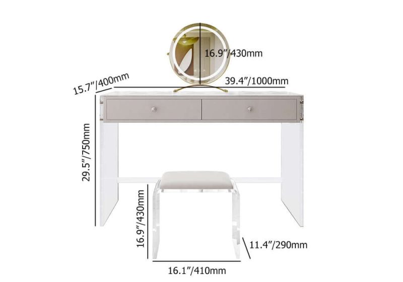 "Dimension of Modern Acrylic Floating Makeup Vanity Set with LED Lighted Standing Mirror & Stool"
