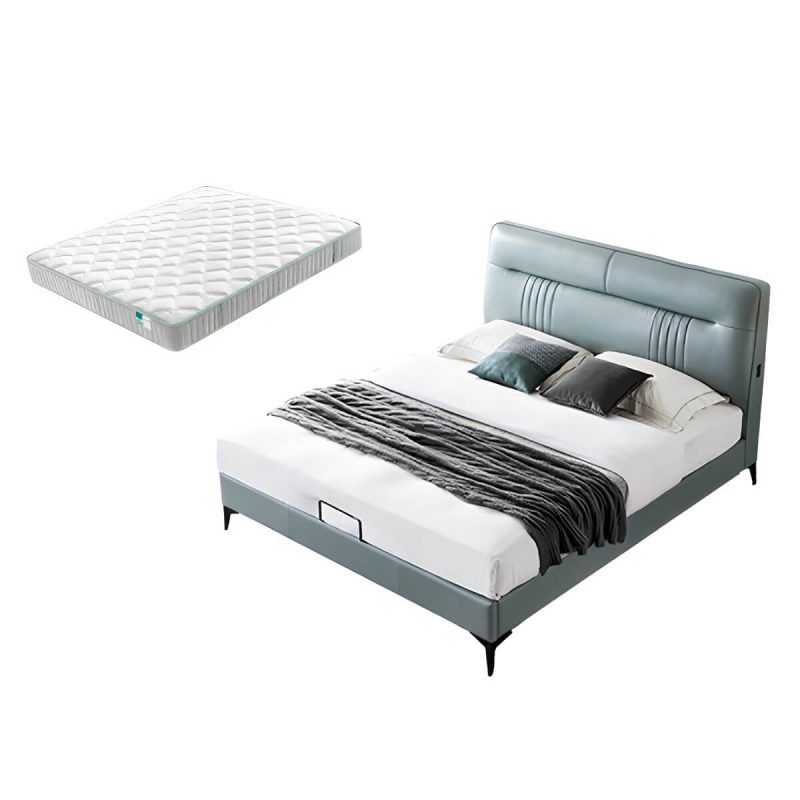 "Contemporary Standard Bed with Black Legs and Genuine Leather Panel Headboard - Blue Panel 59"W x 79"L Bed & Mattress"