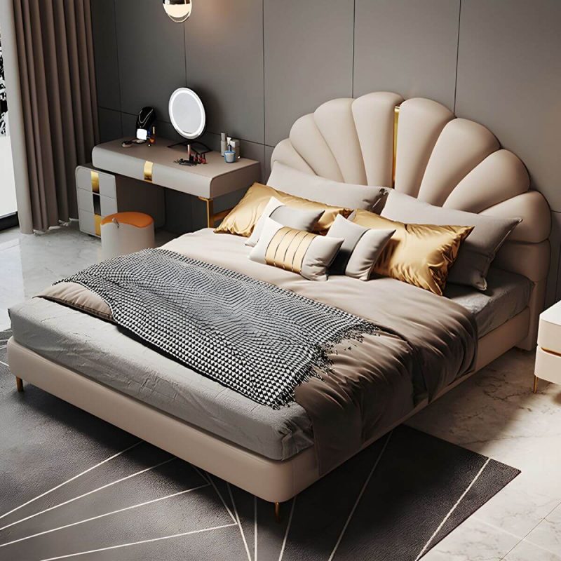 "Glam White Upholstered Pine Headboard with Arched Shape and Leather Upholstery - 79""