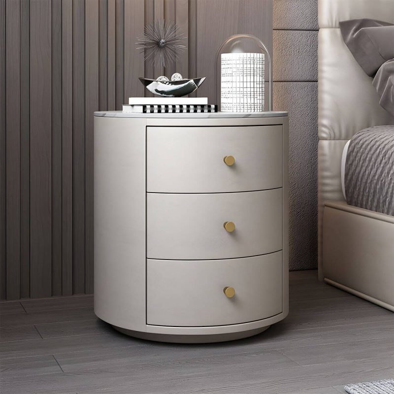 "Contemporary Faux Leather Nightstand 2/3 - Drawer Nightstand - Off-White 3 Stone"