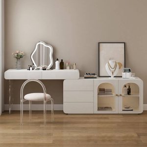 "White Modish Large Wood Vanity Set with 5 Drawers, Light Up Led Mirror - Makeup Vanity (31") & Dresser (47") & Stool"