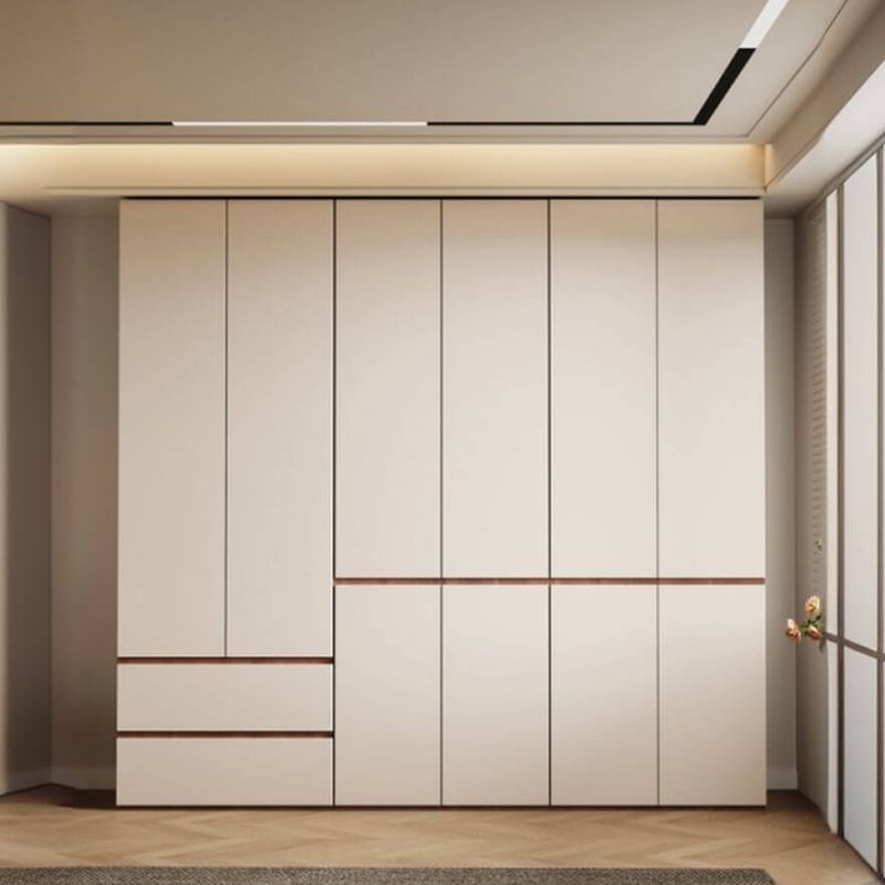 "Chalk Minimalist Natural Wood Wardrobe Armoire with Soft Close Drawer, Soft Close Door, Interior Shelves, and Hanging Rod, 102"L x 24"W x 79"H"