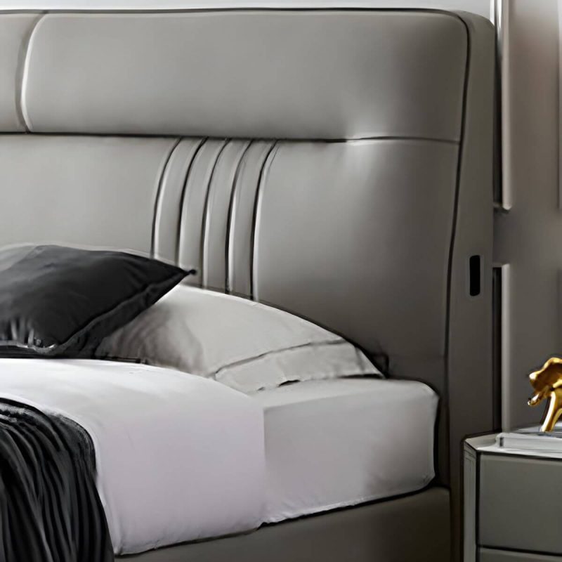 "Contemporary Standard Bed with Black Legs and Genuine Leather Panel Headboard - Grey Panel 59"W x 79"L Bed & Mattress"