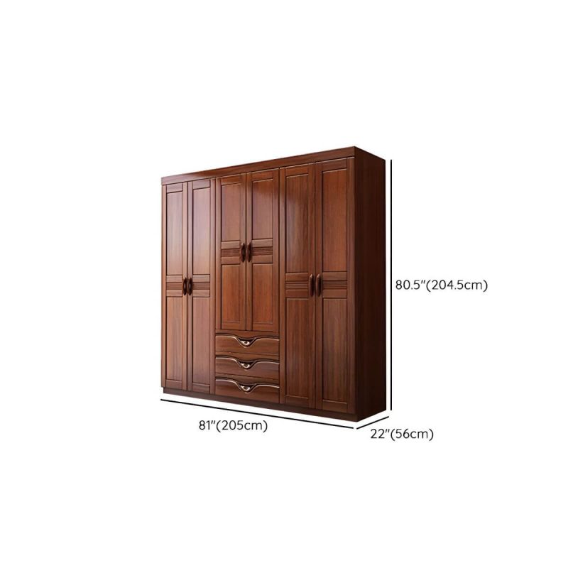 "Dimension of Wood Brown Rustic Wardrobe Armoire with Drawers & Shelves, Walnut Finish - 81"L x 22"W x 81"H"