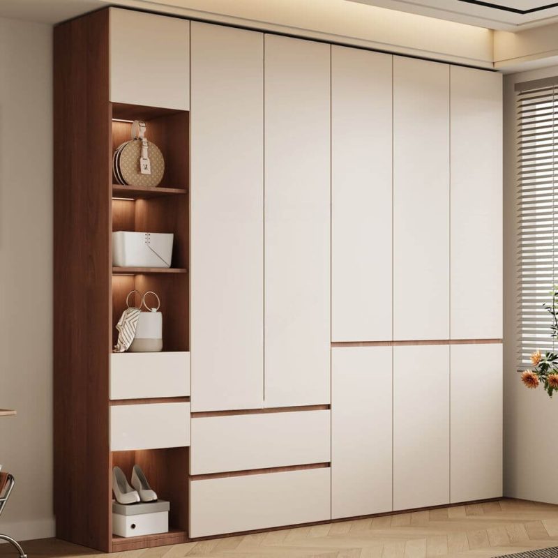 "Minimalist Chalk Natural Wood Wardrobe Armoire with Soft Close Drawer, Soft Close Door, Interior Shelves, and Hanging Rod, 47"L x 24"W x 94"H"