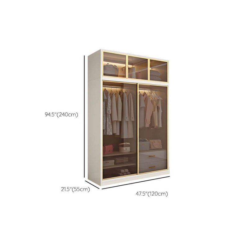 "Dimension of Modern White Wood Frame Wardrobe Freestanding Wardrobe with Sliding Glass Doors - Armoire with Top Cabinet 47"L x 22"W x 79"H"