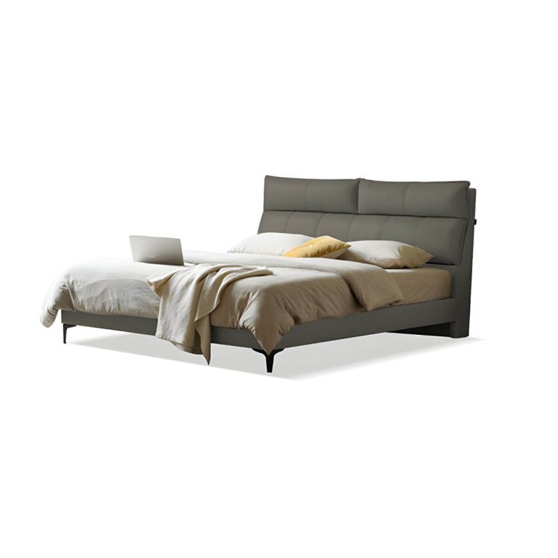 "Leather Standard Bed Contemporary Wood Frame Bed with Upholstered Headboard - 59"W x 79"L Bed & Mattress Dark Gray"