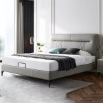 "Contemporary Standard Bed with Black Legs and Genuine Leather Panel Headboard - Blue Panel 71"W x 79"L Bed & Mattress"