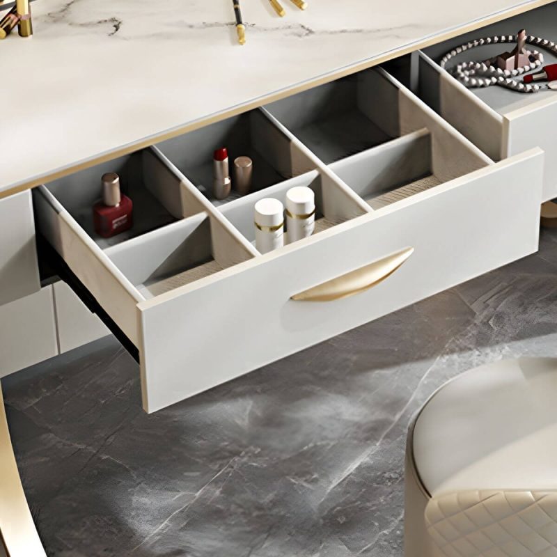 "White Slate Tabletop Rectangular Dressing Table with Golden Metal Legs - Makeup Vanity & Stools 150 x 45 x 75 cm"