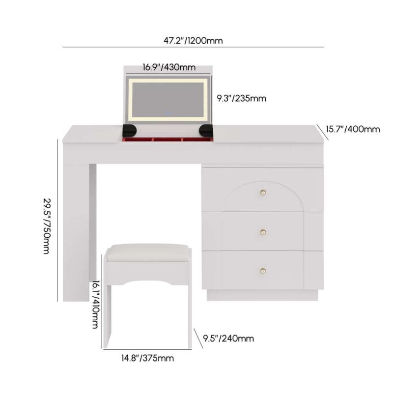 "Dimension of 49.2" White L-shape Makeup Vanity Set with Mirror & Stool"
