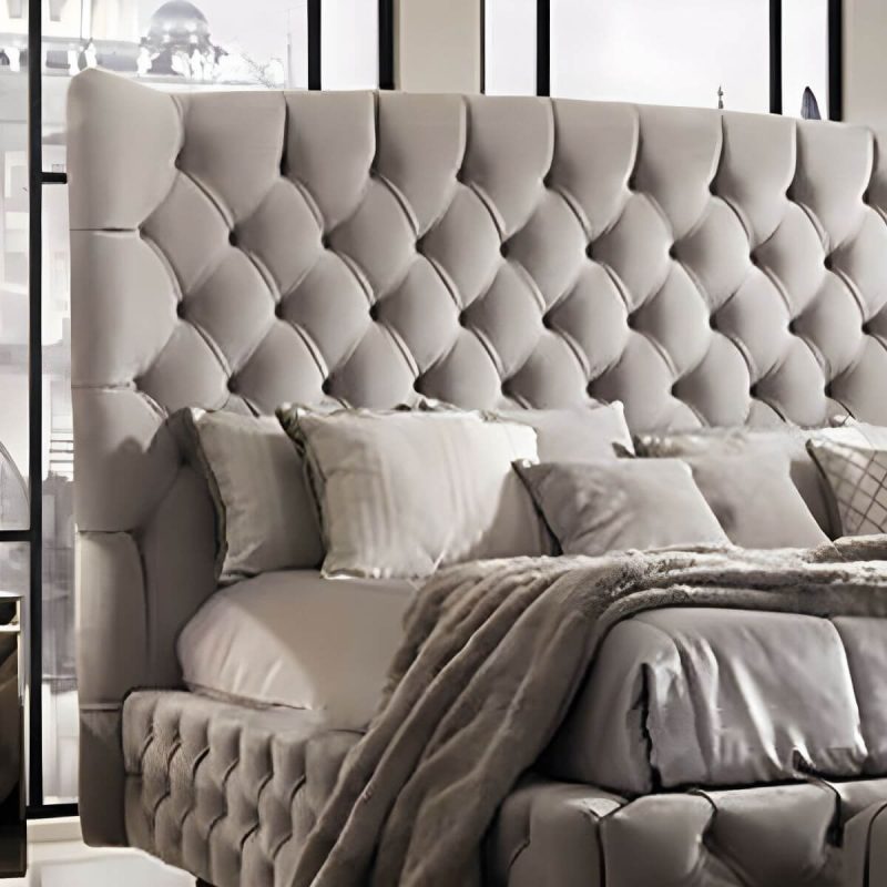 "Elegant Grey Tufted Wingback Headboard with Wood Legs and Camelback Shape - 53""