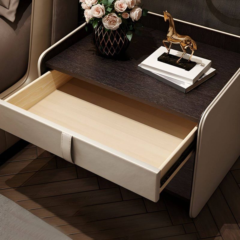 "Faux Leather Nightstand 1 - Drawer Nightstand with Wood Accents - Cream Gray 28"L x 20"W x 20"H"