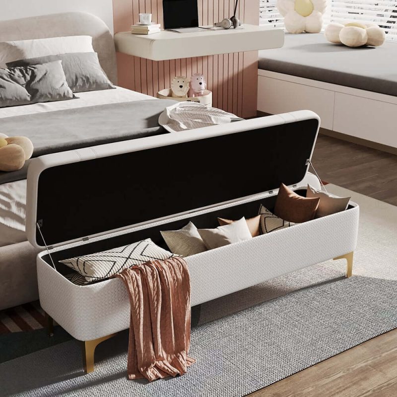 "Modern White PU Leather Bedroom Flip Top Storage Bench with Gold Stainless Steel Legs"