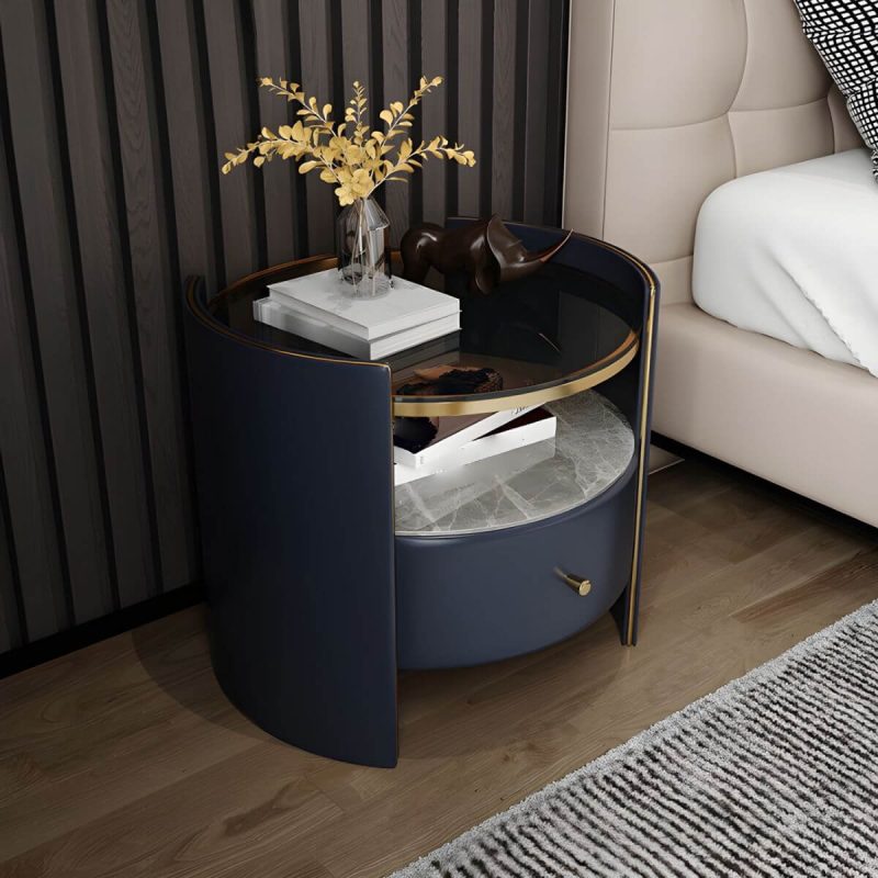 "1-Drawer Glass Top Nightstand, 19.69" Tall 1-Shelf Leather Night Stand - Gray Dark Blue"