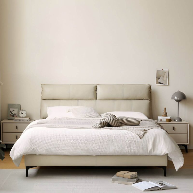 "Leather Standard Bed Contemporary Wood Frame Bed with Upholstered Headboard - 71"W x 79"L Bed & Mattress Cream"