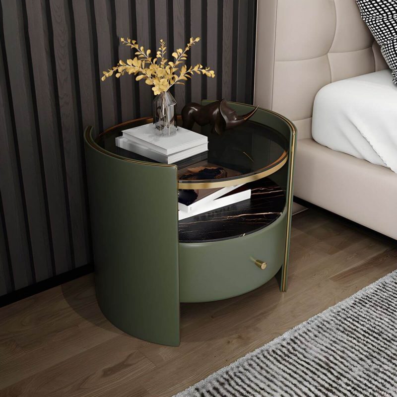 "1-Drawer Glass Top Nightstand, 19.69" Tall 1-Shelf Leather Night Stand - Black Army Green"