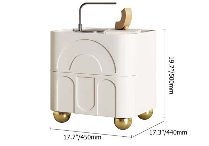 "Dimension of Modern White Smart Nightstand with Wireless Charger & Sintered Stone Top Bedside Table"
