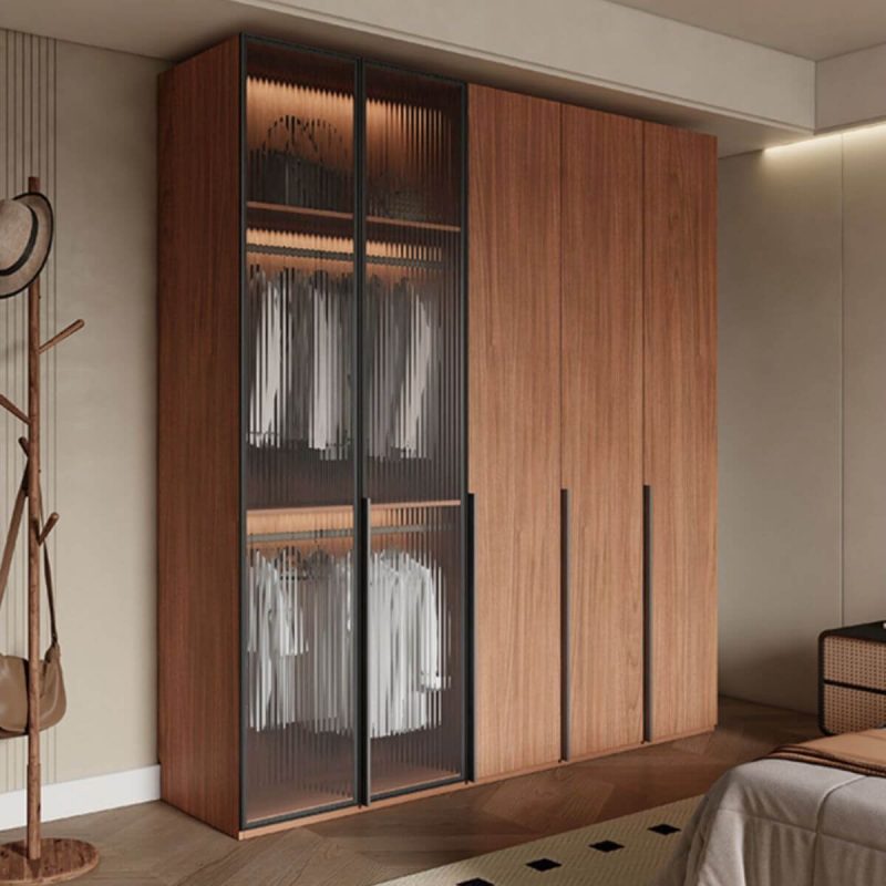 "Casual Auburn Wood Wardrobe Closet with Compartments, Soft Close Door, Interior Shelves, and Hanging Rod, 55"L x 24"W x 94"H"
