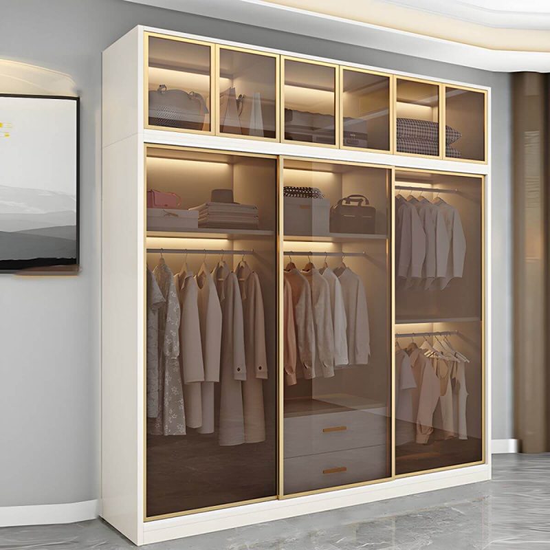 "Modern White Wood Frame Wardrobe Freestanding Wardrobe with Sliding Glass Doors - Armoire with Top Cabinet 94"L x 22"W x 79"H"