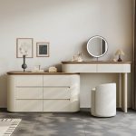 "Vanity Set with Desk, 8 Drawers, Ivory Seating, Large Size, Light Up Mirror, Timber Table Top, and Chair, Makeup Vanity & Dresser & Vanity Stool & Round Mirror, Handles Included"