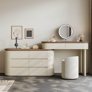 "Vanity Set with Desk, 8 Drawers, Ivory Seating, Large Size, Light Up Mirror, Timber Table Top, and Chair, Makeup Vanity & Dresser & Vanity Stool & Round Mirror, Handles Included"