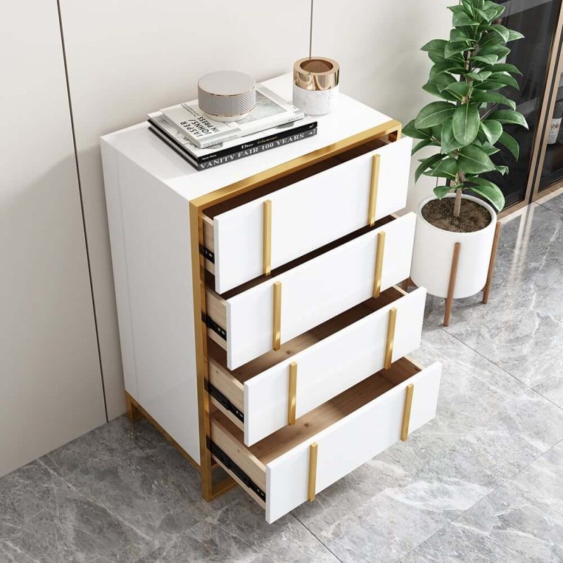 "Rimh Modern White & Gold Wooden Chest of 4 Drawers with Stainless Steel Legs"