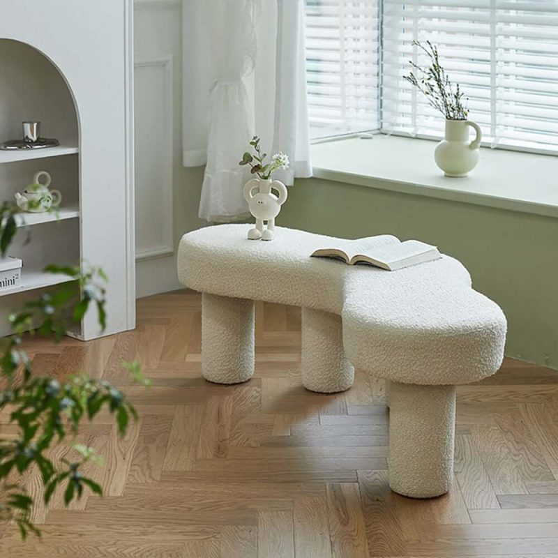 "Modern White Bedroom Bench Boucle Tufted Long Bench with 4 Legs"