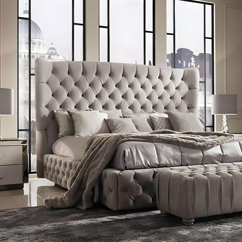 "Elegant Grey Tufted Wingback Headboard with Wood Legs and Camelback Shape - 53""